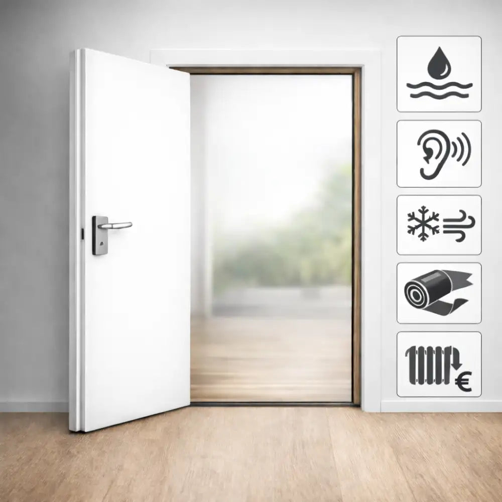 Weiße Tür mit Silbergriff und Frostglas, selbstklebende Fensterdichtung gegen Zugluft