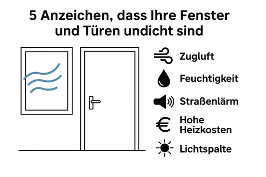 Infografik zeigt fünf Anzeichen für undichte Fenster und Türen in einem Artikel