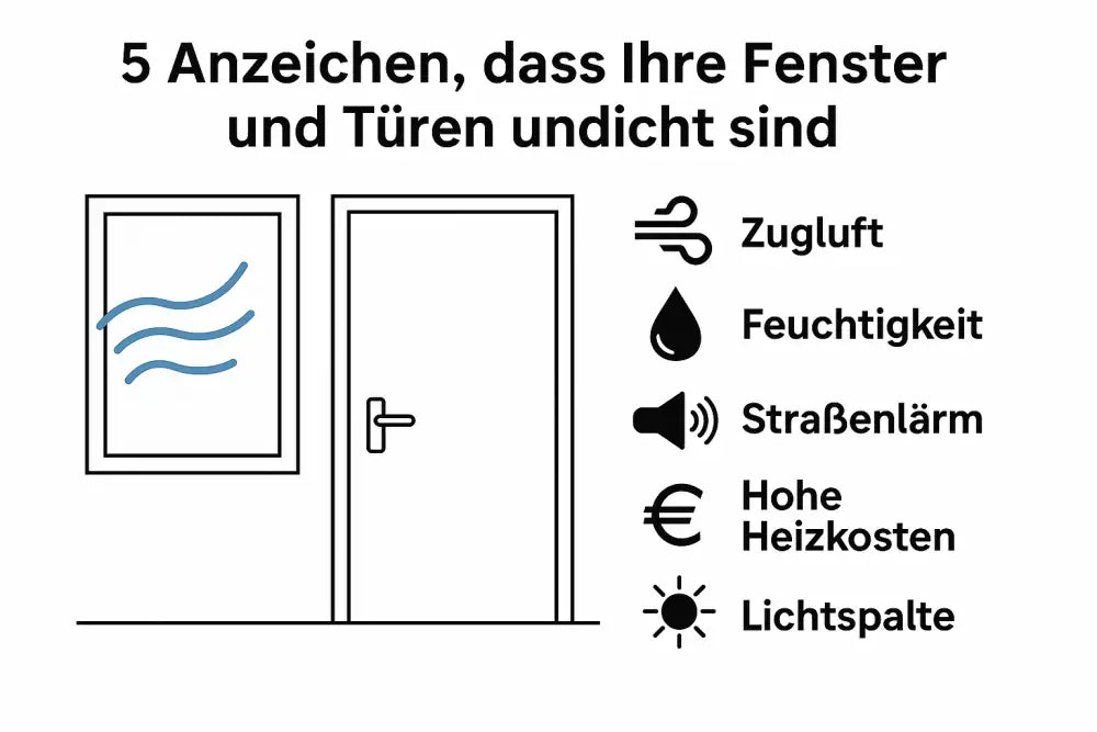 Infografik zeigt fünf Anzeichen für undichte Fenster und Türen in einem Artikel
