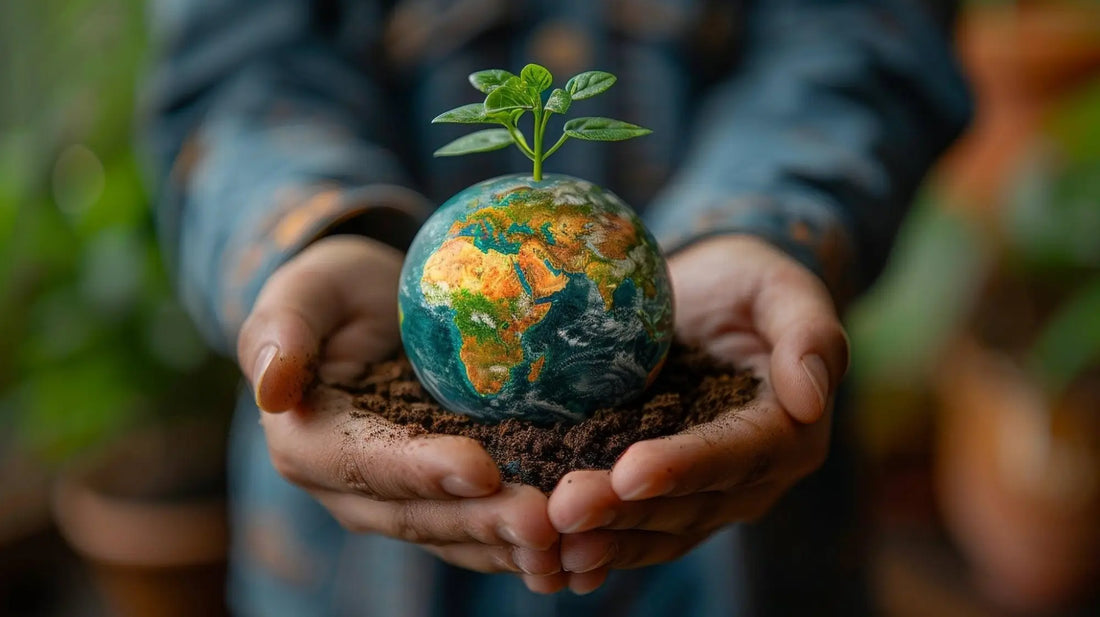 Erde mit Sämling in Händen symbolisiert nachhaltige Heizkosten und Umweltbewusstsein
