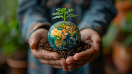 Erde mit Sämling in Händen symbolisiert nachhaltige Heizkosten und Umweltbewusstsein