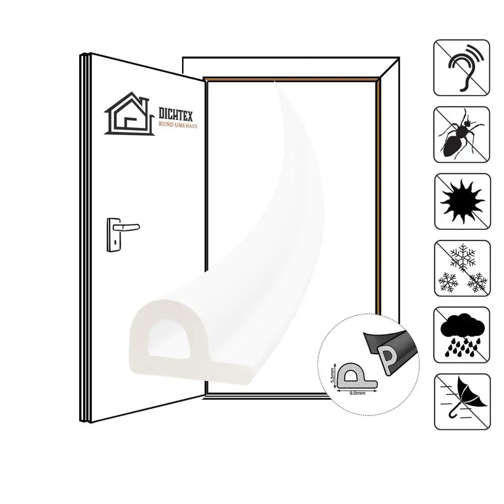 Weiße P-förmige Türdichtung für Fenster und Türen, selbstklebend, Gummidichtung