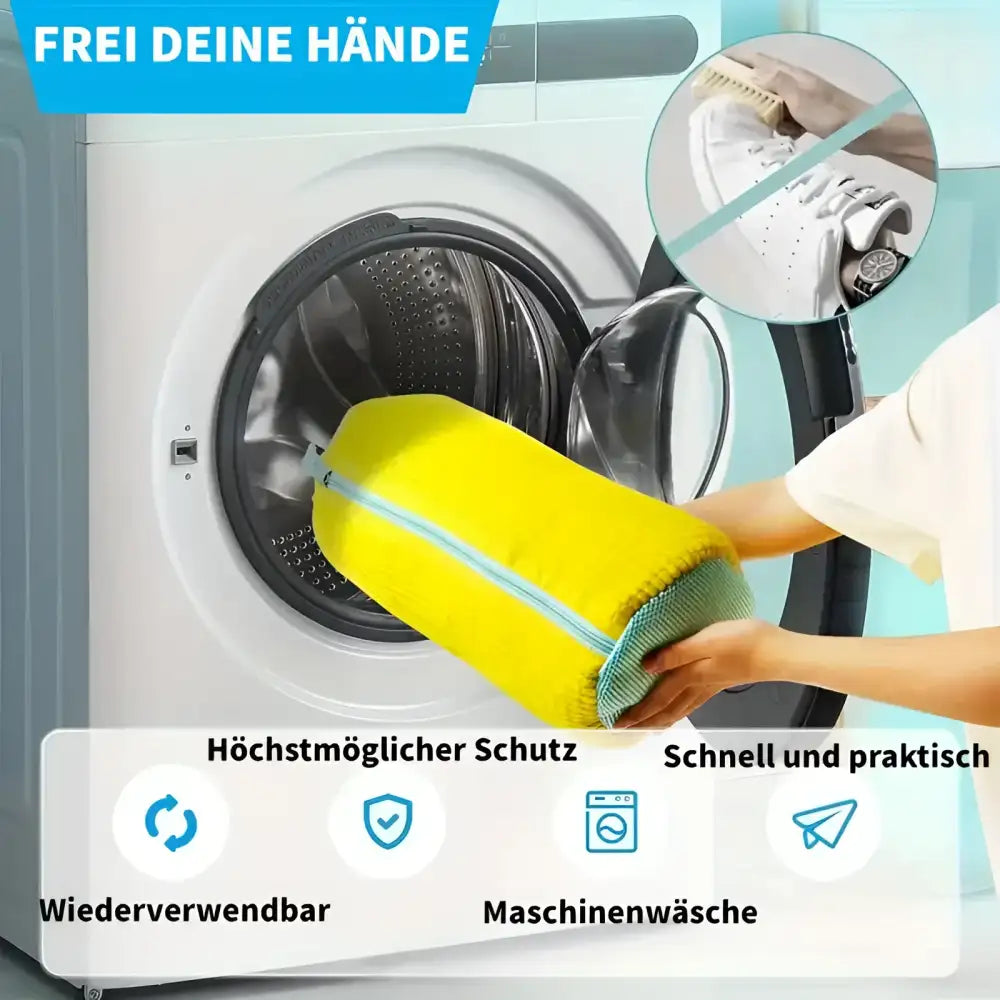 Gelber Mesh-Waschbeutel für Schuhe mit Reißverschluss, robuste Waschmaschinentasche, cleverer Helfer